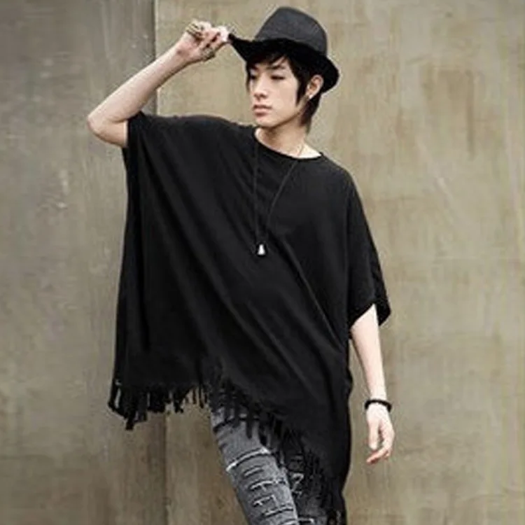 

Men New Loose Casual Men's Bat Tassel T-Shirt Hair Stylist Tops Nightclub Bar Singer Performance Clothes Plus Large Size S-6XL