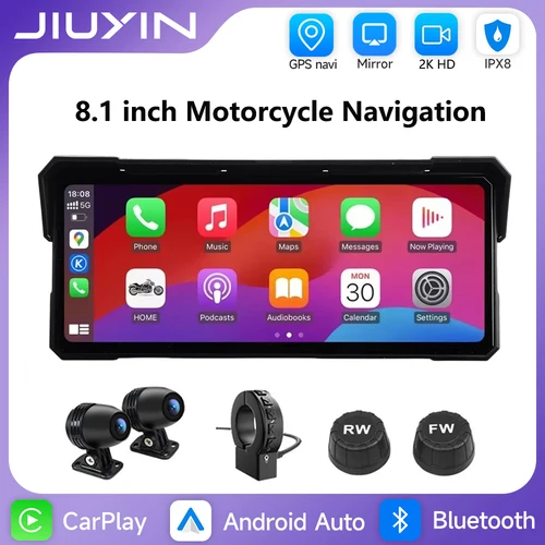 Imagen 2 del producto 8,1 ''motocicleta portátil GPS navegación inalámbrica Carplay Android Auto IPX8 impermeable motocicleta 2K HD pantalla táctil