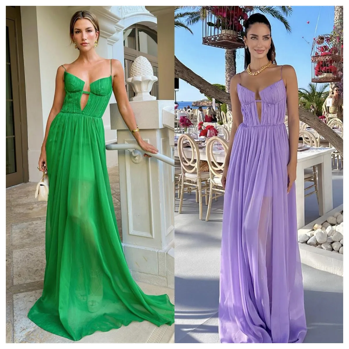 Bowith Chiffon Green Spaghetti Strap Party Dress for Women V Neck Draped Evening Dresses Beach Vocation Long Dress vestidos