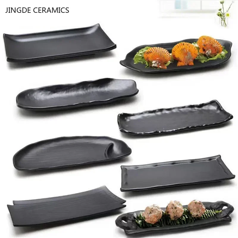 1Pc Black Rectangular Barbecue Plate Melamine Tableware Commercial Hot Pot Vegetable Plate Japanese Barbecue Plastic Plate