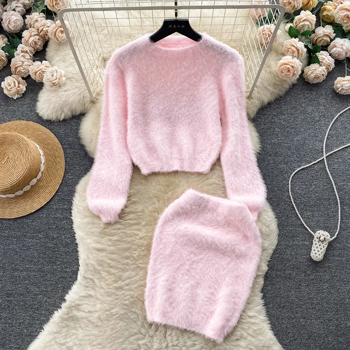 

Croysier Casual Sweet Fluffy Knit New In Matching Set Cropped Pullover Sweater And Bodycon Mini Skirt 2 Piece Sets Women Outfit