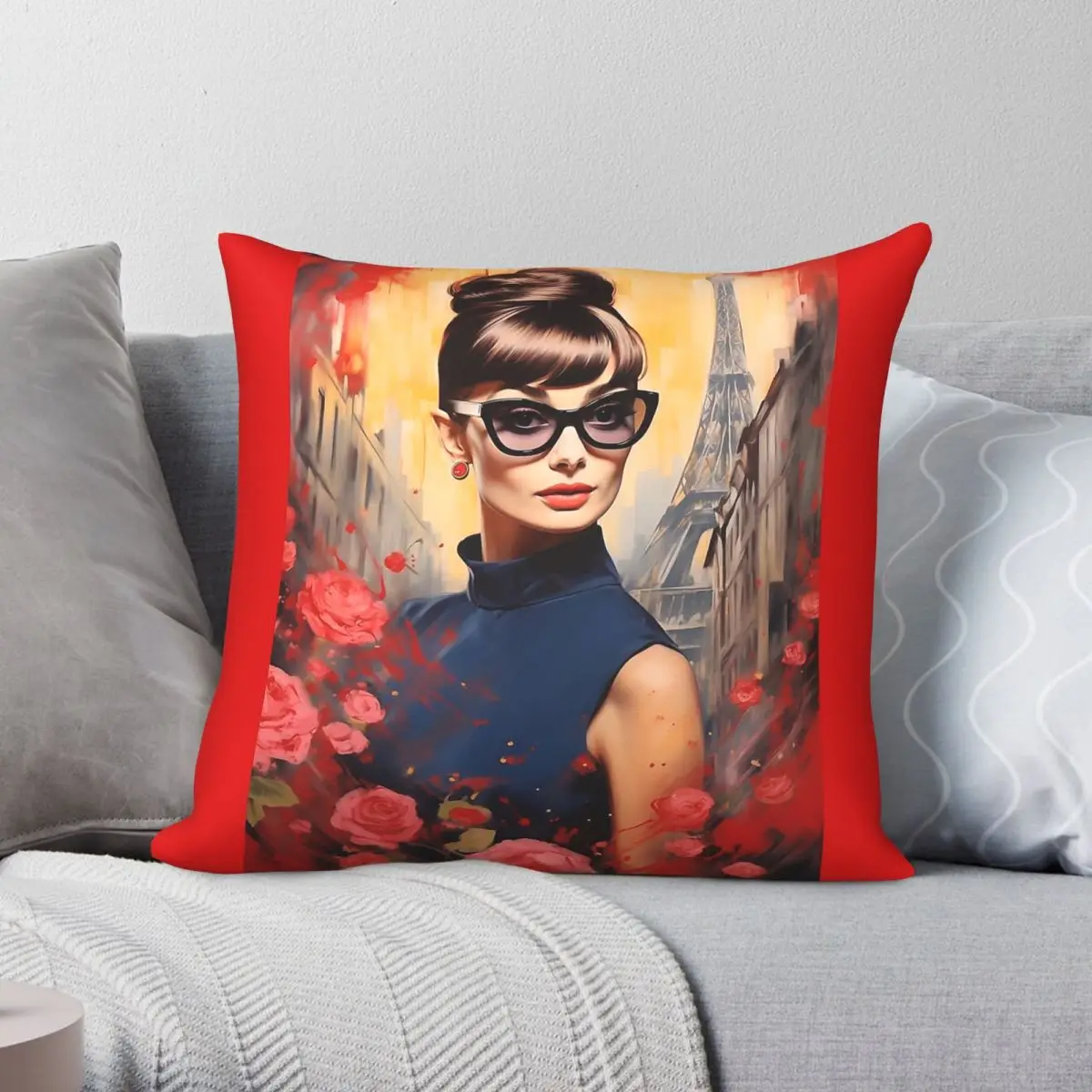 Audrey Hepburn Eiffel Tower Square Pillowcase Polyester Linen Velvet Pattern Zip Decorative Home Cushion Cover 45x45