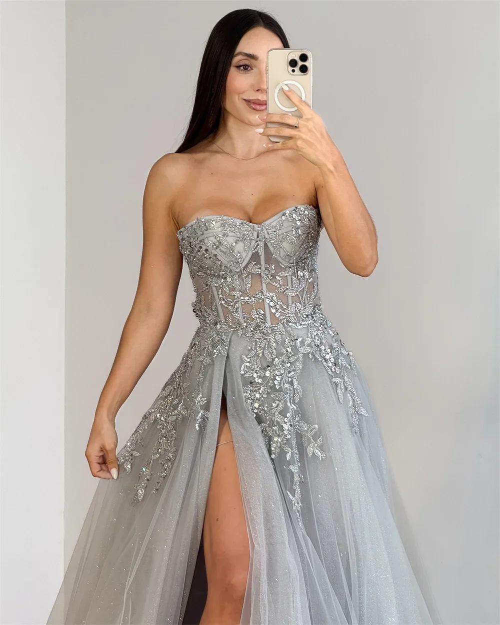 Sexy Silver A-line Prom Party Dress 2026 Sweetheart Sequinns Appliques Silt Tulle Prom Birthday Gowns Pageant Robe De Soriee