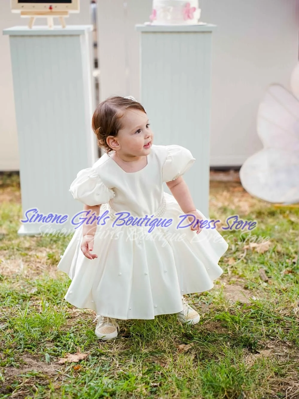 Bow Pearl Decoration Fluffy Skirt Puff Sleeves Flower Girl Dress for Wedding Ceremonies Holiday Celebrations Formal Receptions