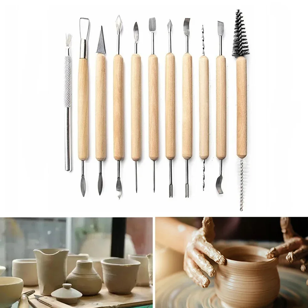 11pcs Pottery Clay Sculpting Modeling Tool Set, Double-Sided Ceramic Polymer Clay Carving Tools Kit With Smooth Wooden Handle