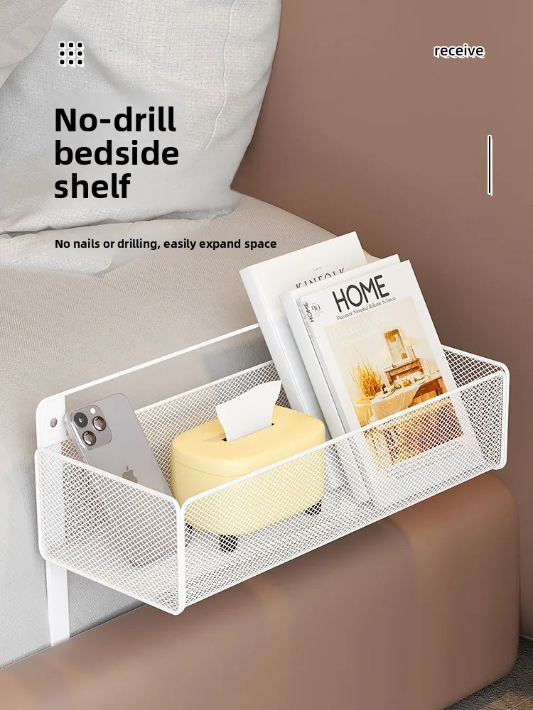No-Drill Bedside Storage Wonder Extendable Hanging Basket Bedroom Organizer Simple Style Carbon Steel Shelf No Installation N...