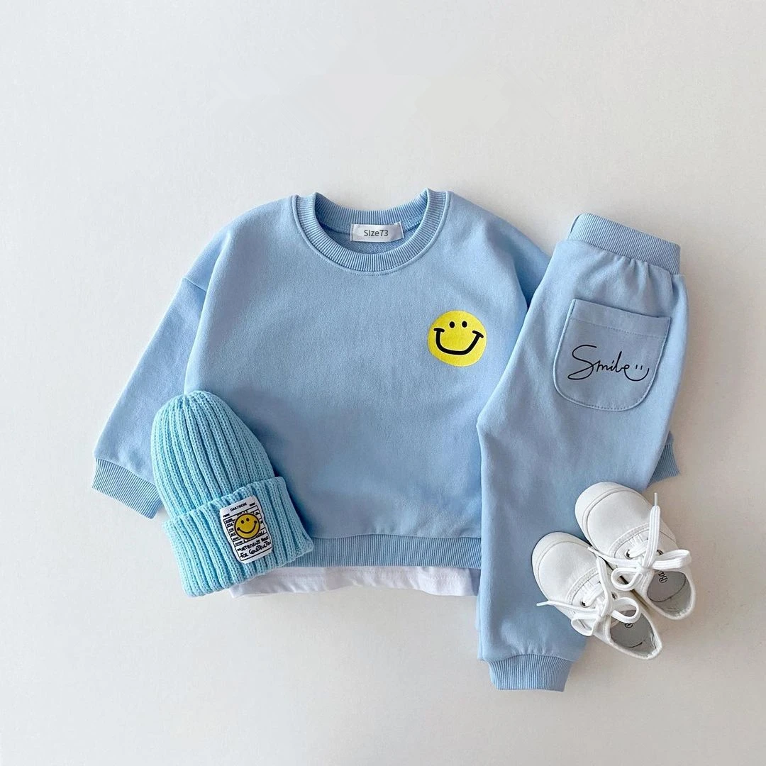 Korea Baby Boy Clothes Set Toddler Kids Clothes Cute Smiley Print Mock 2pcs Sweatshirt + Jogger Pant Baby Girl Tracksuit Outfits