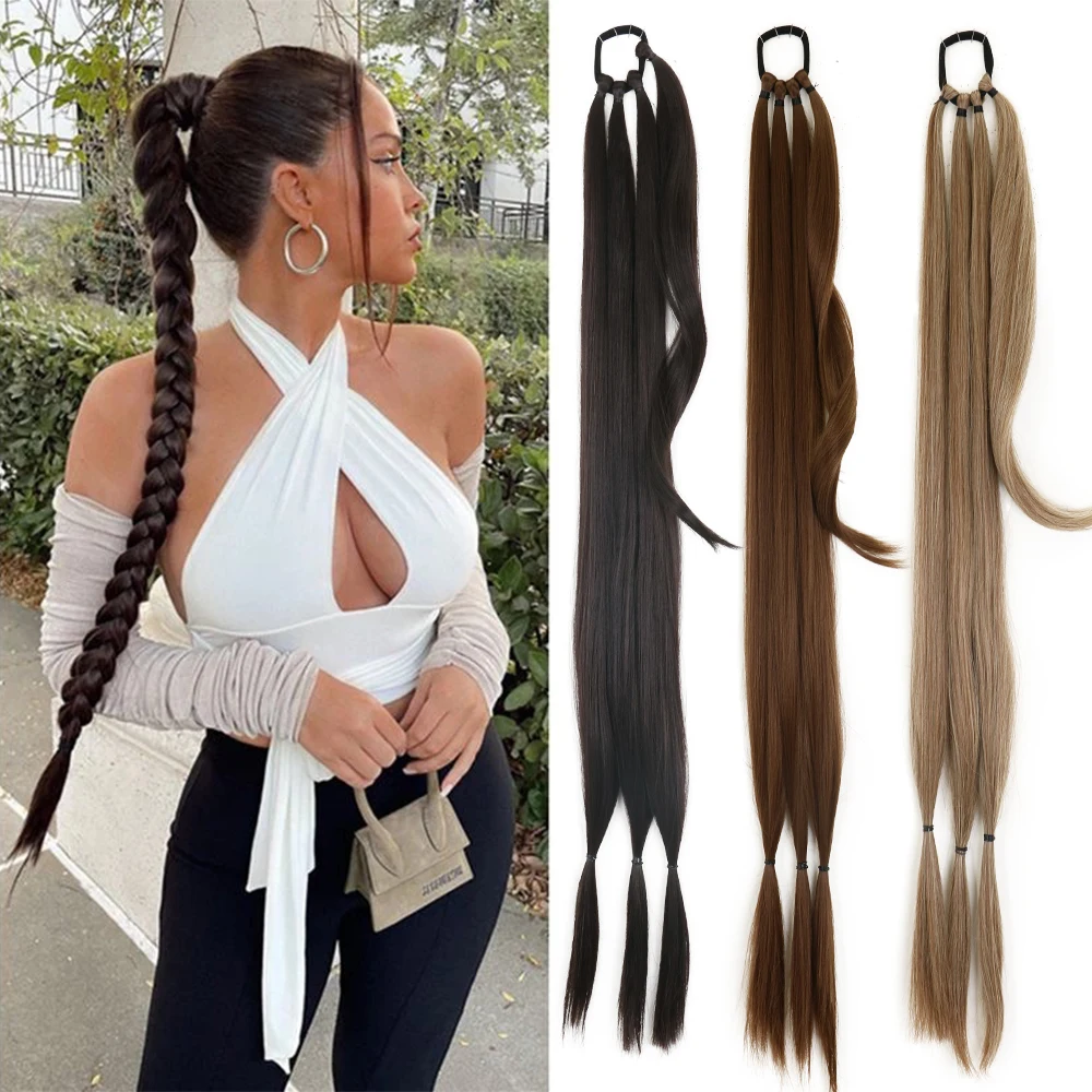 

DIY Ponytail Extensions Synthetic Boxing Braids Wrap Around Chignon Tail With Rubber Band Hair Ring 34inch Black Braid