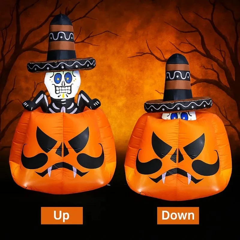Juguete inflable de Halloween de 6,8 pies, esqueleto animado para hombre en la calabaza, inflable con LED integrados, decoración de jardín y patio al aire libre