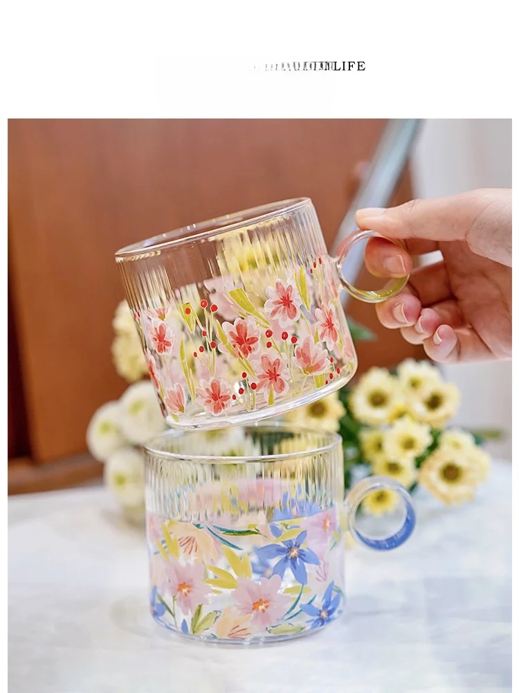 

Tlife Vintage Pattern Glass Cup Heat Resistant Home Use Water Cup round ape Single Layer Heatproof Glass Cup with Handle