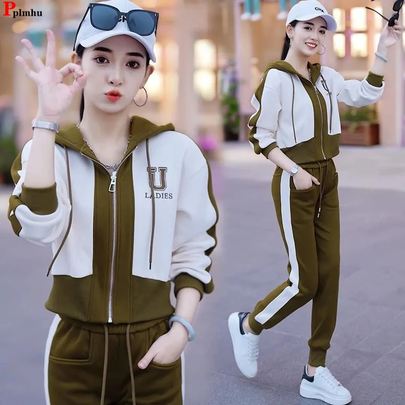 

Korean 2 Pieces Sets Hooded Short Patchwork Coat Tracksuit High Waist Ankle-length Harem Pants Suits Jogger Casual Ensemble