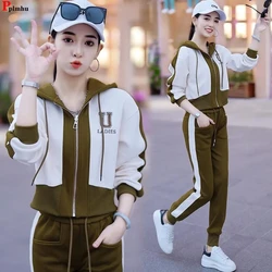 Koreanische 2 Stück Sets Kapuze kurze Patchwork Mantel Trainings anzug hohe Taille knöchel lange Harems hose passt Jogger Casual Ensemble