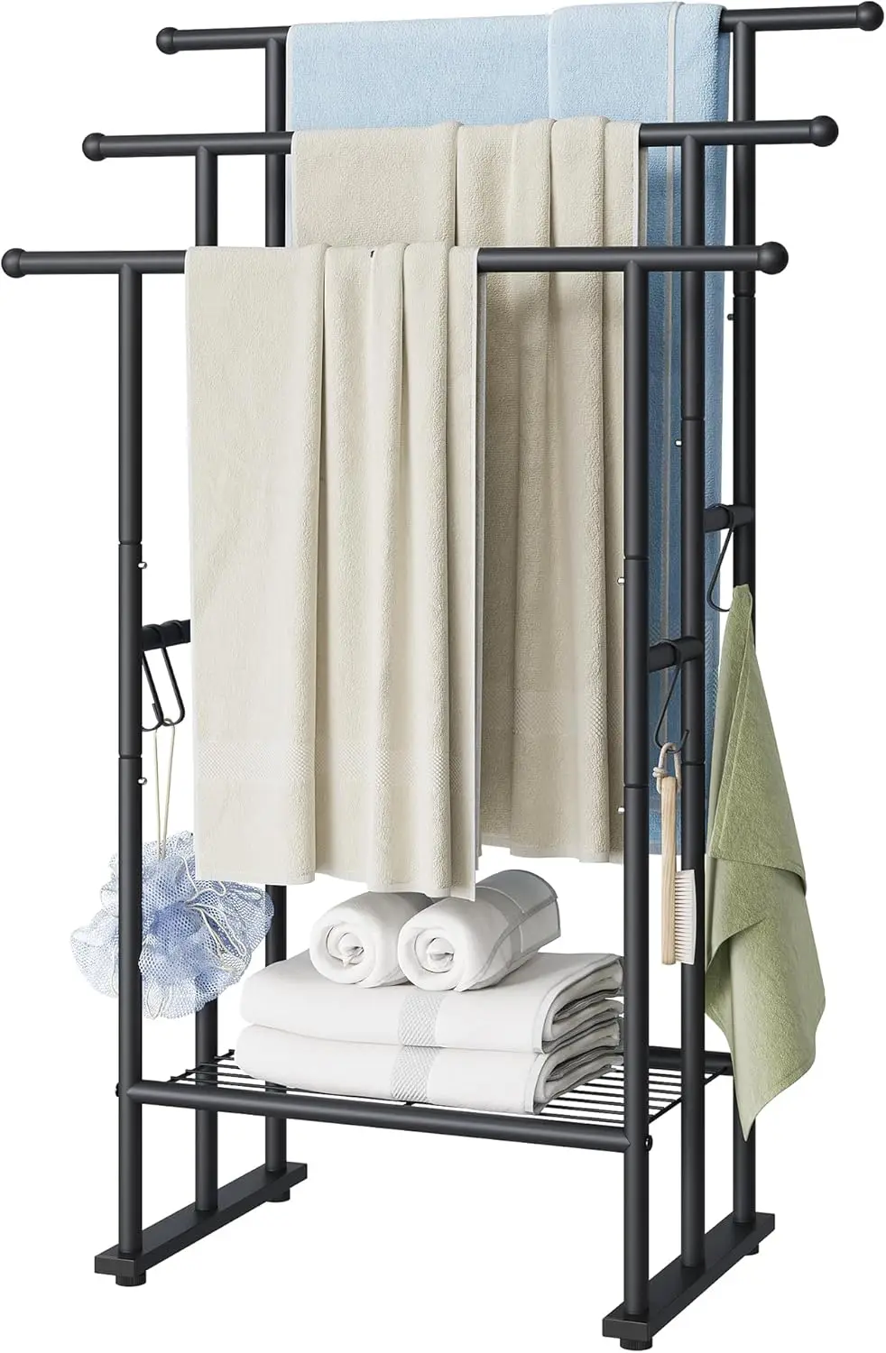 

Трехуровневая напольная вешалка для полотенец, высотой 40 дюймов, с полкой и крючками, матовый черный цвет, для ванной комнаты или использования на улице