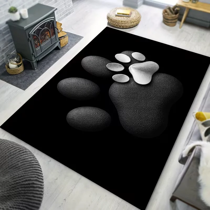 Pet Paw Print Area Rug Black Background Gold White Heart Paw Pattern Soft Floor Mat Living Room Bedroom Home Decor Carpet