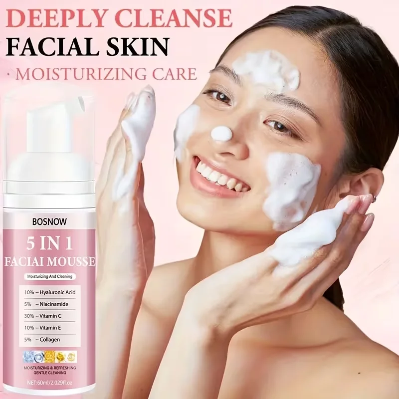 60ml 5-in-1 Cleansing Mousse/Facial Cleanser, Easy-To-Press Formula, Dense Foam, Rich in Hyaluronic Acid, Niacinamide, Vitamin C, Vitamin E, Collagen, Deeply Cleanses Pores and Oil, Opens up Skin Pores, Makes Skin Healthier, Moisturizes, Softens, and Smooths Skin, Provides a Light and Clean Feel, Creates Soft, Delicate, Smooth, and Elastic Skin, Suitable for Both Men and Women, Suitable for Family Use, Suitable for Gifting