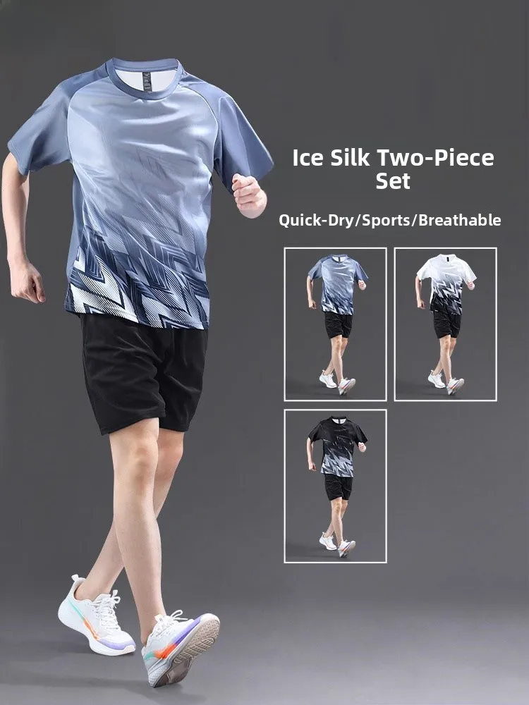 

Мужской спортивный костюм из ледяного шелка для бега, летний, тонкий, быстросохнущий, футболка с коротким рукавом, шорты, одежда для фитнеса, молодежная повседневная спортивная одежда