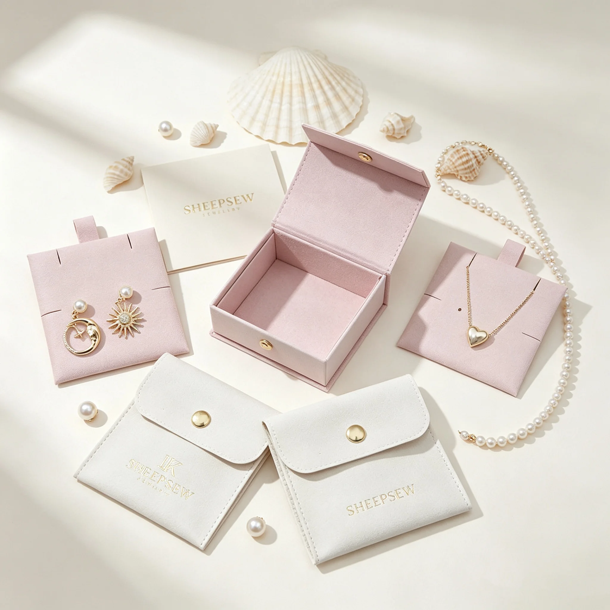 SHEEPSEW Wholesale Custom Logo Cardboard Jewelry Drawer Boxes Matching Snap Button Microfiber Pouches With Paper Card Insert Bul