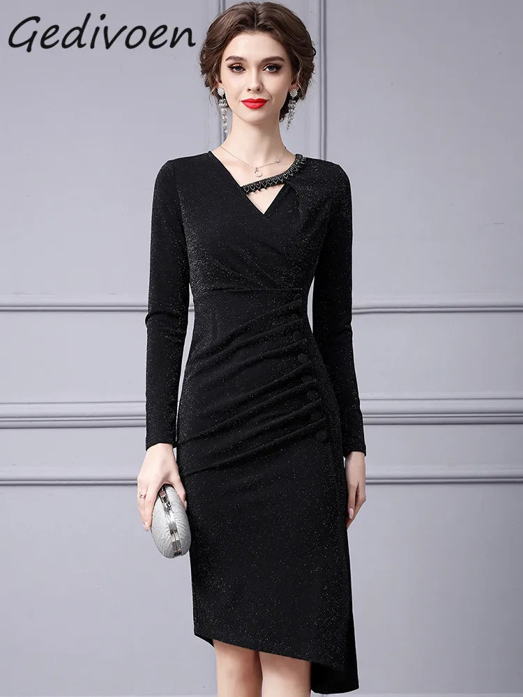 

Gedivoen Autumn Fashion Designer Black Elegant Irregular Dress Women V Neck Diamond High Elastic Slim Package Buttock Long Dress