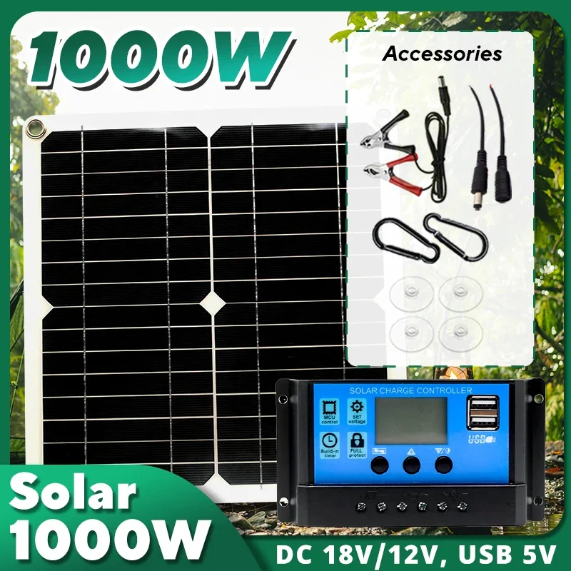 1000W Panel słoneczny 12V Ogniwo słoneczne 10A-100A Kontroler Zestaw płyty słonecznej do telefonu RV Samochód Przyczepa kempingowa Dom Kemping Akumulator zewnętrzny