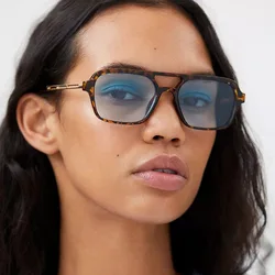 Retro podwójne mosty damskie okulary przeciwsłoneczne moda różowe okulary gradientowe trendy Hollow Leopard niebieskie okulary przeciwsłoneczne męskie odcienie