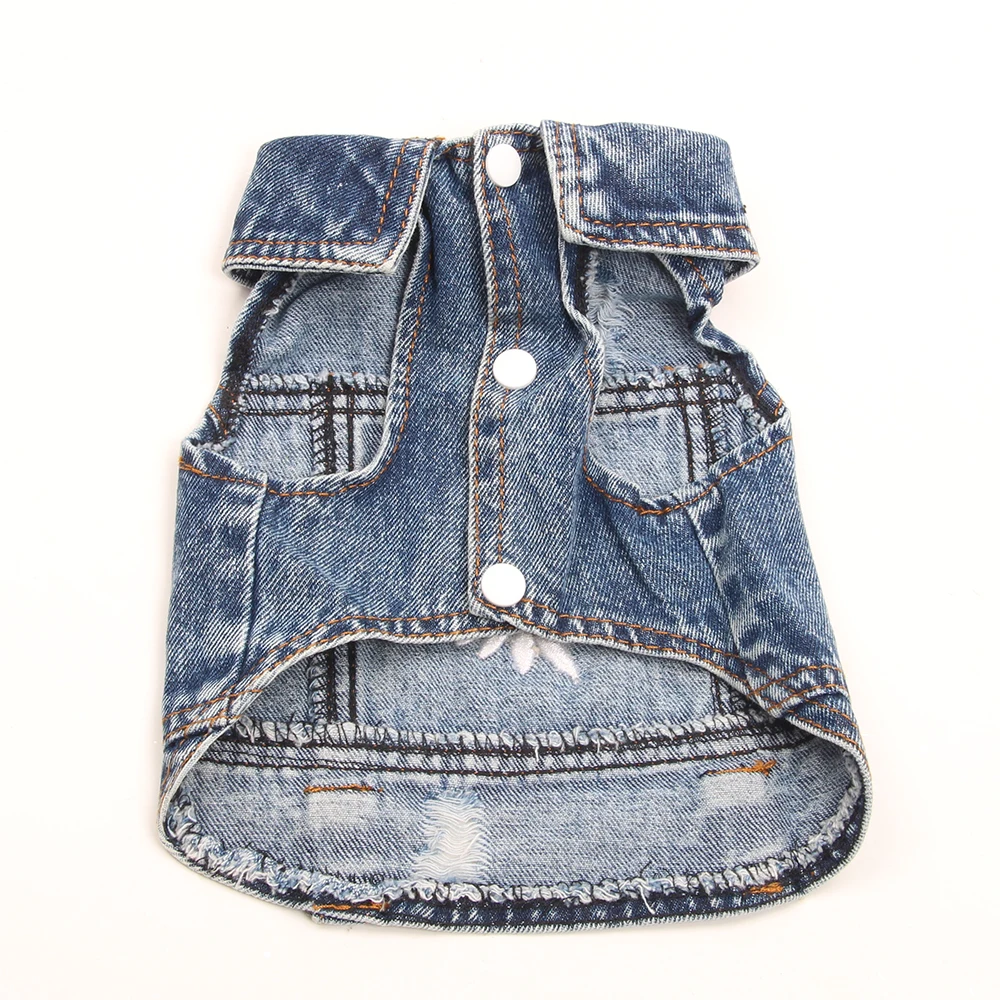 Dog Pet Jeans Jacket Flower Embroidery Blue Denim Cat Coat Vest Puppy Clothes Apparel