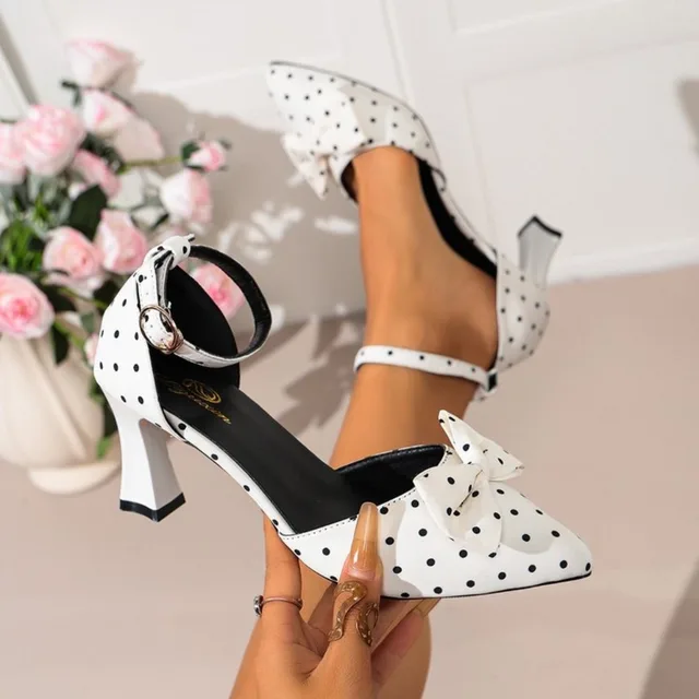 Elegant Polka Dot Pointed Toe Ankle Strap Sandals Women Summer 2026 French Retro Bowknot High Heel Sandals Woman's Party Shoes