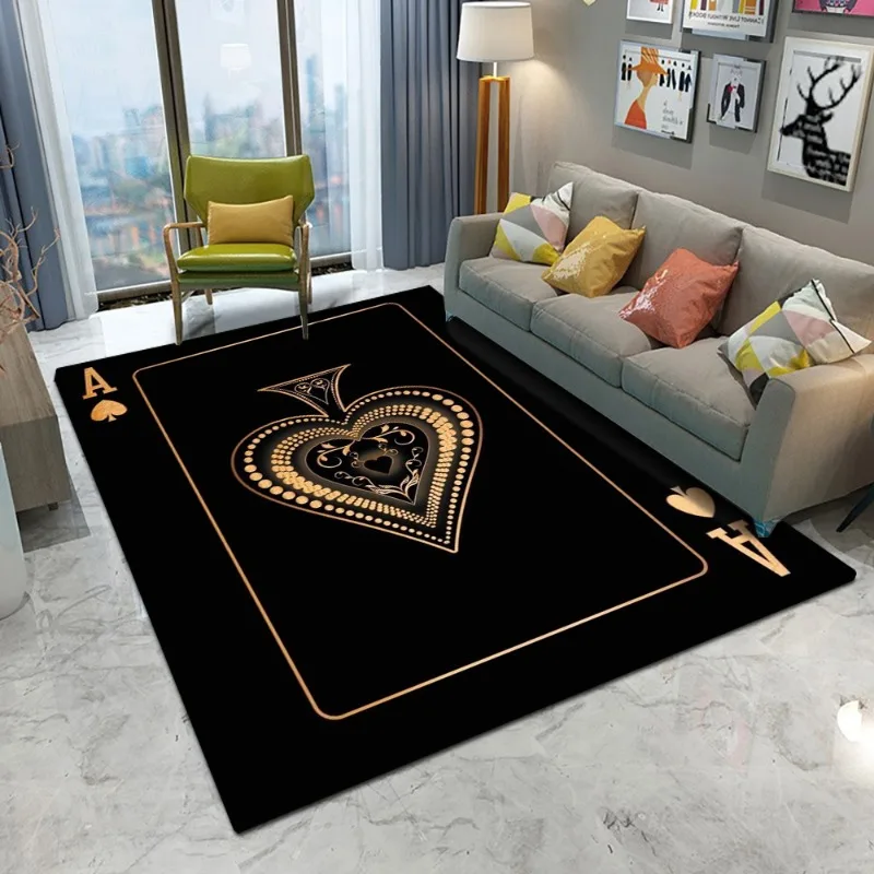 Poker Ace Pattern Area Rug Black Gold Spade Design Playing Card Carpet Soft Non-Slip Living Room Floor Mat Luxury Home Decor Rug