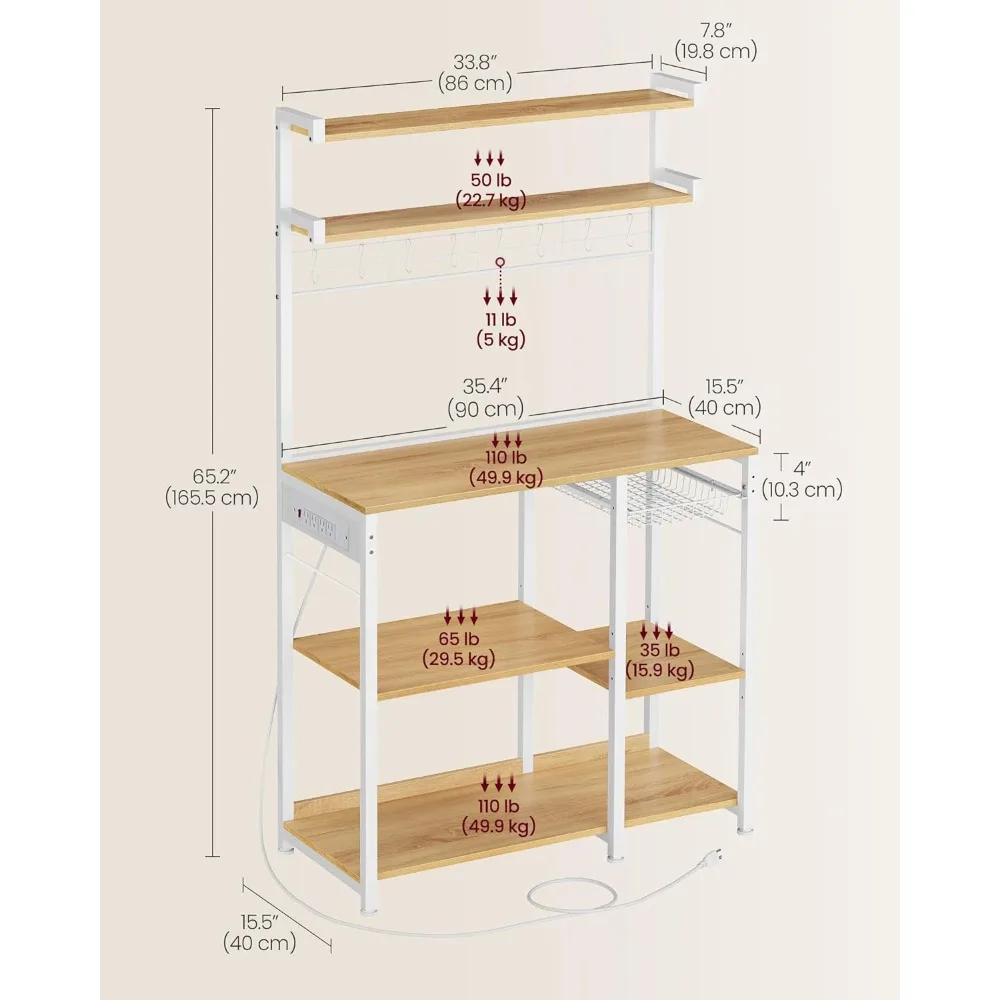 Kitchen Bakers Rack with Power Outlet, Microwave Stand, Coffee Bar, 4 AC Outlets, Adjustable Shelves, 8 S-Hooks, Kitchen Cabinet