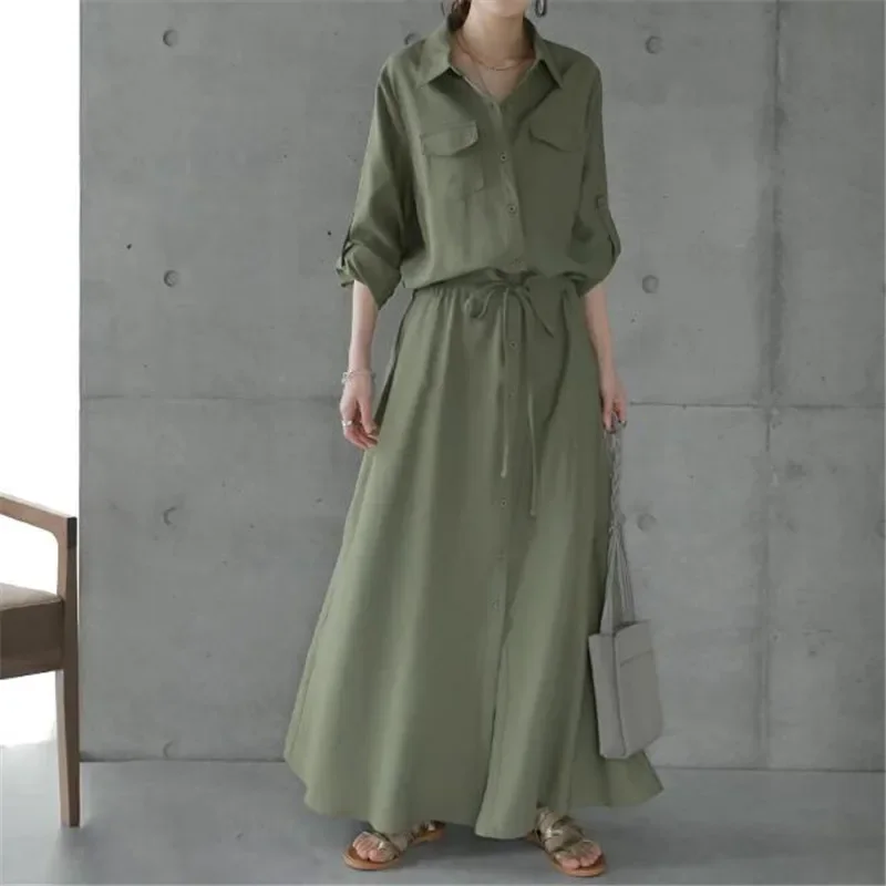 Women Dresses Single Breasted Button Turn Down Collar Long Sleeve Solid Color Loose Fit Casual Office Lady Belt Drawstring