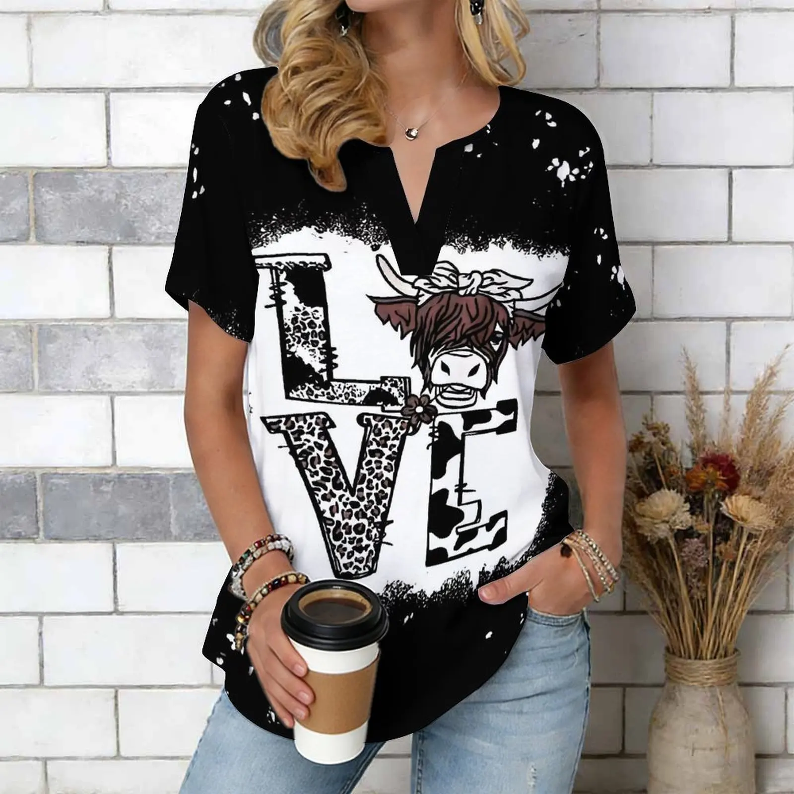 Women Print Notched V Neck Short Sleeve Casual Loose Tunic Tops