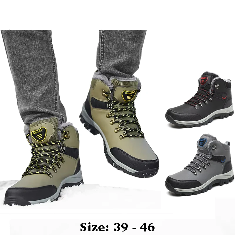 

High quality high top leather snow boots for men cotton pad size 45 46 new 2025 winter outdoor hiking mountain shoe green grey