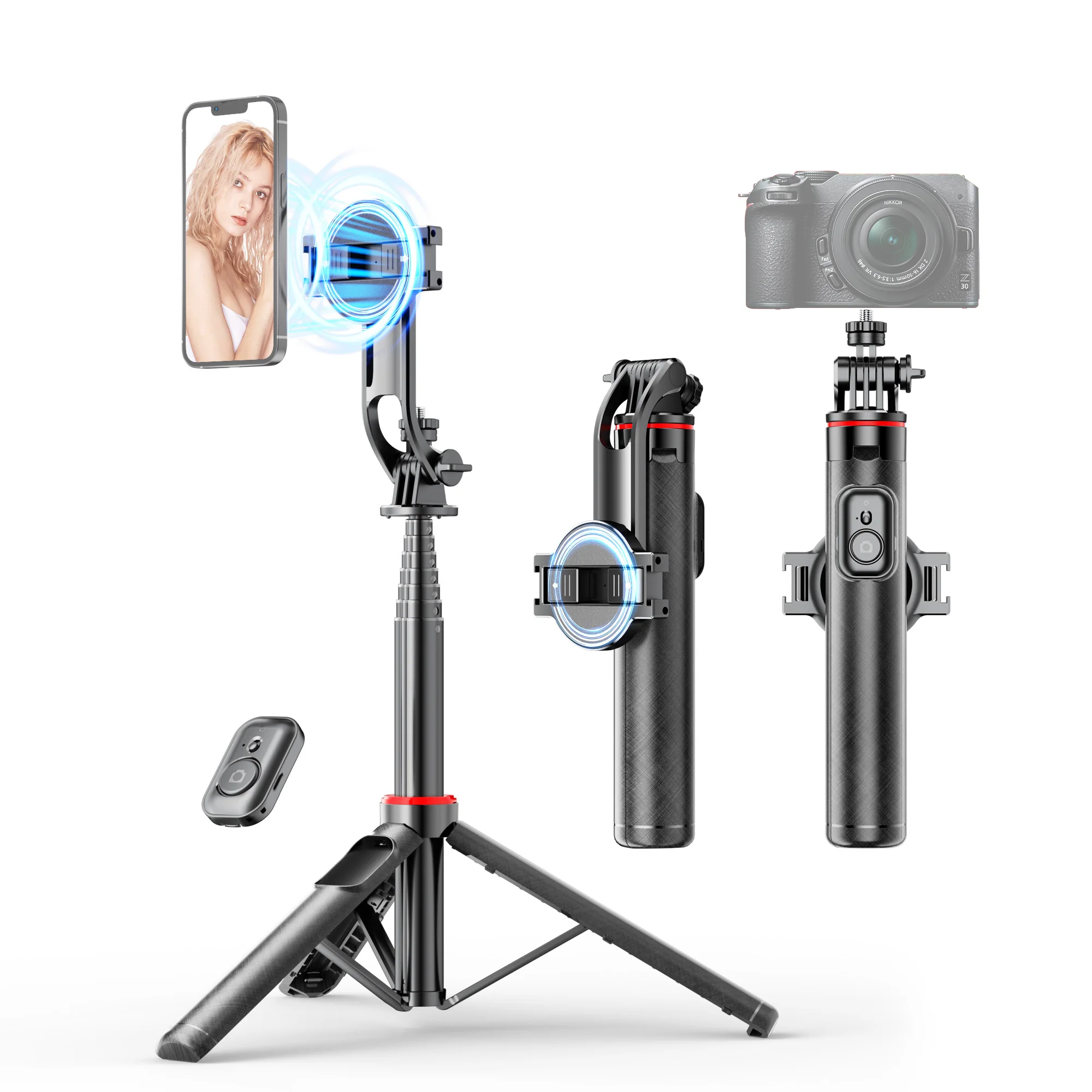 C20 Magnetic Selfie Stick Tripod for iPhone 12-16 Pro Max Travel Stand with Magsafe Phone Clamp for Android Smartphone