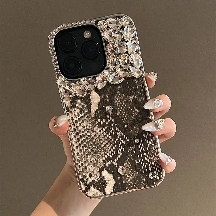 

New Model Suitable for iPhone 15 Snake Patterned Leather Phone Case 14promax Hand Inlaid Rhinestone 13 12 Pro Protective Cover