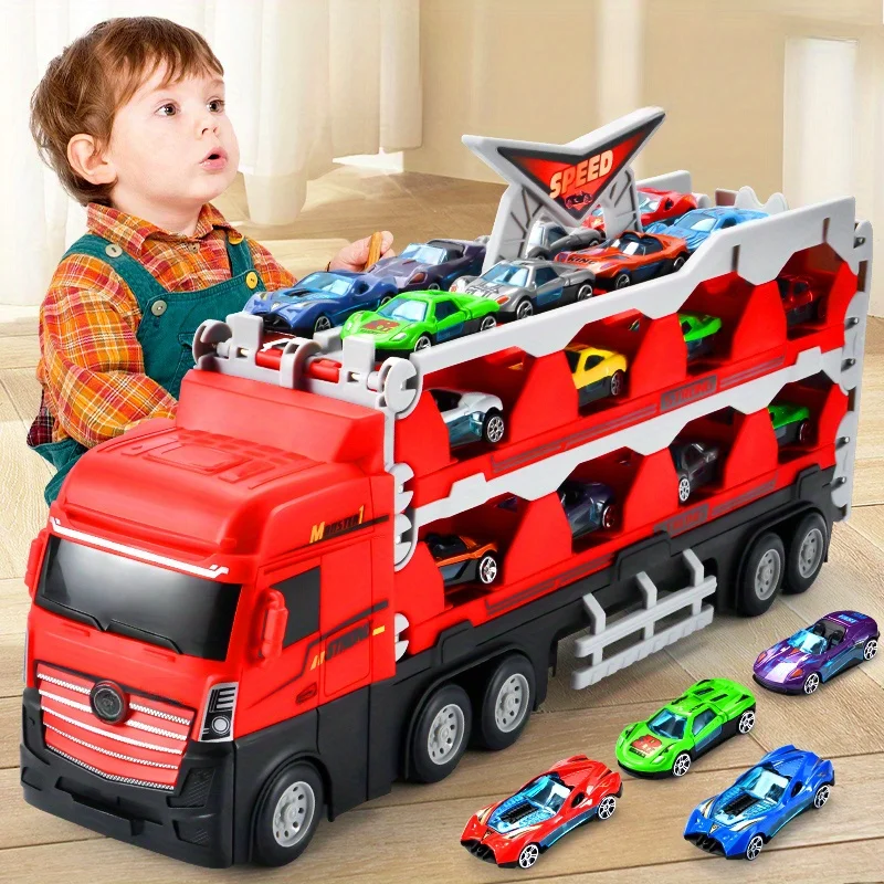

Transformable Truck Launch Toy Set，Containing6Alloy Car、Folding Slide、Transformable Design，AdoptABSMaterial，Manual launch，Suitab