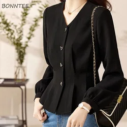 Black Shirts Women V-neck Long Sleeve Chic Graceful Defined Waist Short Autumn Winter Office Lady Gentle Temperament Female New