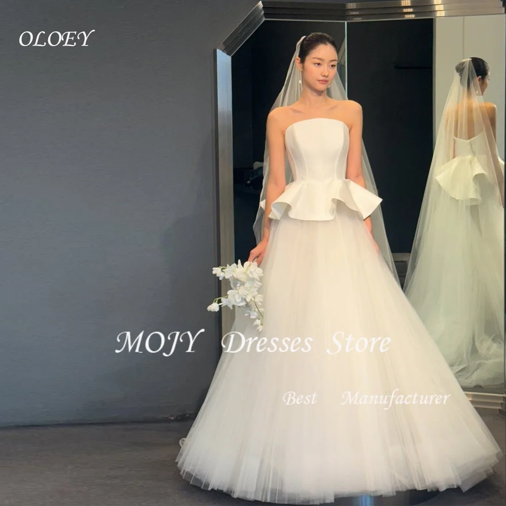 Oloey uma linha de tule cetim personalizado vestidos de casamento botões sem alças até o chão longo formal vestidos de noiva feminino vestido de casamento