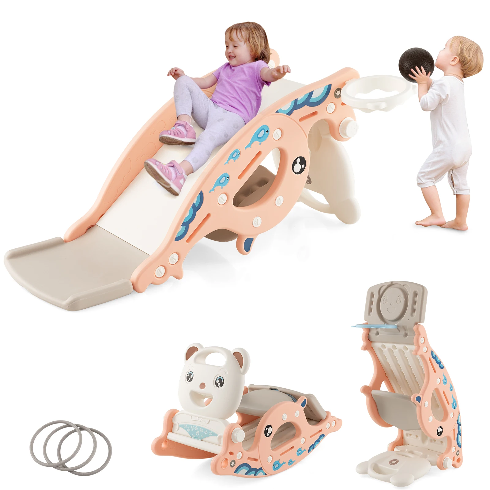 4-in-1 Kids Slide Rocking Toy Slide Rocking Horse w/Basketball Hoop Rings Pink