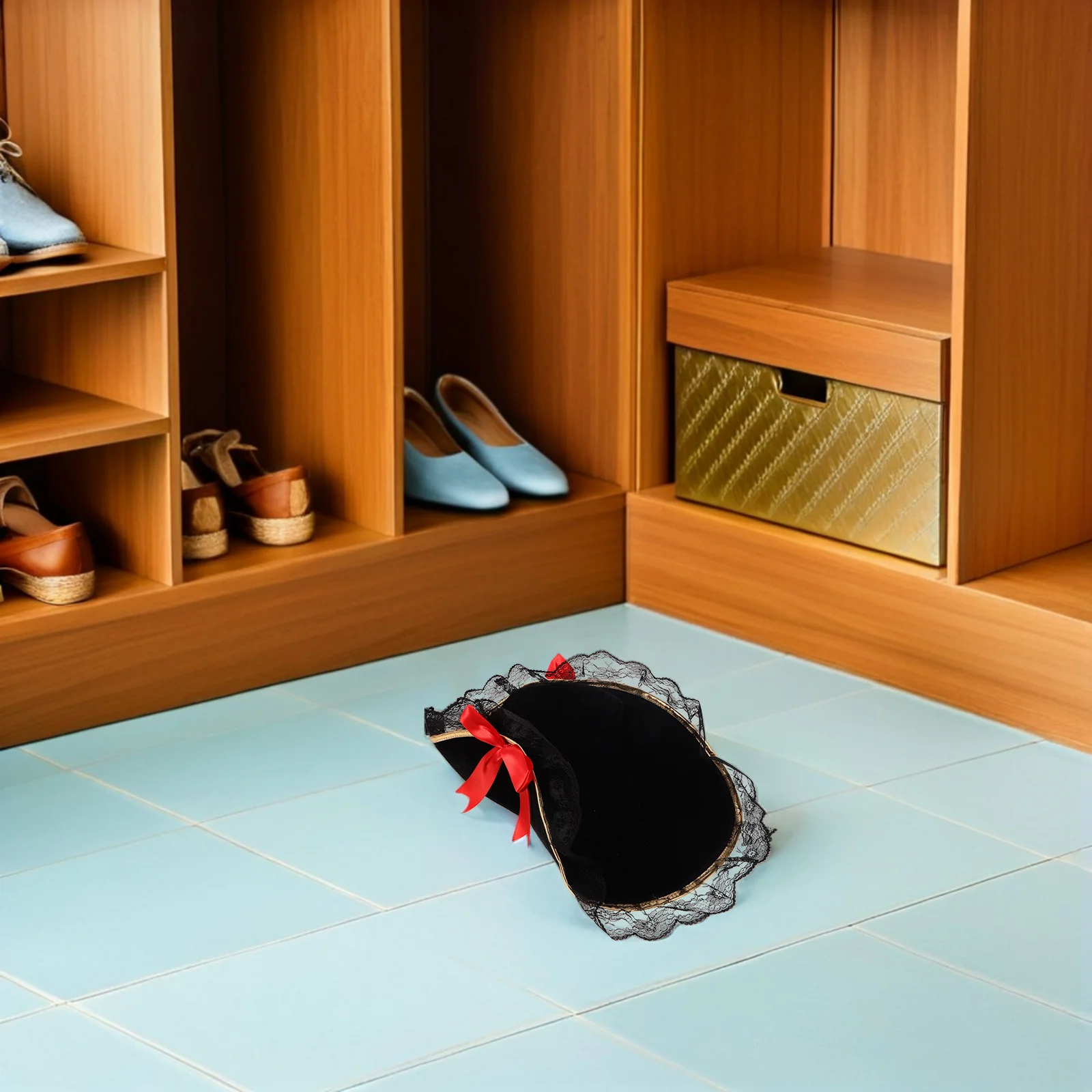 Pirate Captain Hat Red Bow Lace Trim Pirate Headwear Halloween Costume Accessory Women Black Tricorn Hat Halloween Headwear