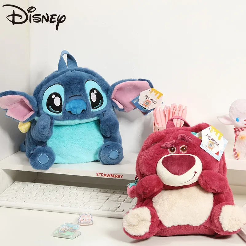 Disney Genuine Strawberry Bear Stitch Plush Doll Backpack Stitch Backpack Student School Bag Plush Bag