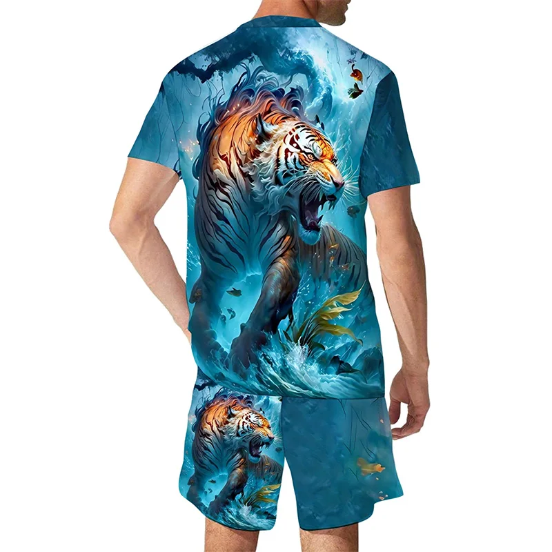 New Street Vintage Men\'s Suit Oversized Men\'s Loose Top Summer Casual Breathable Refreshing Suit Printed 3D Ferocious Tiger