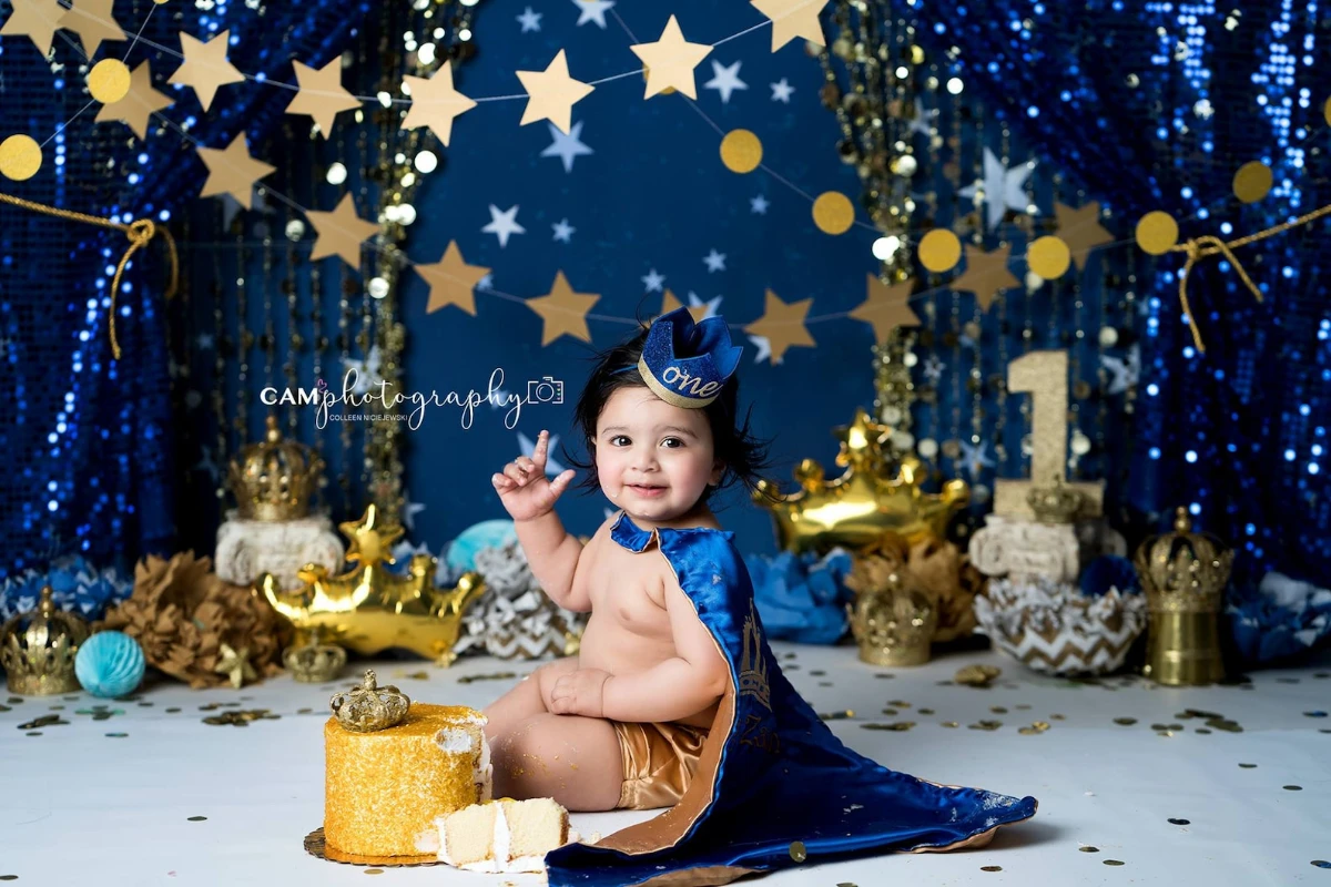 Prince Charming Backdrops Kids Cake Smash Props Blue Curtains Golden Stars Decors Baby Boy Child 1st Birthday Party Background