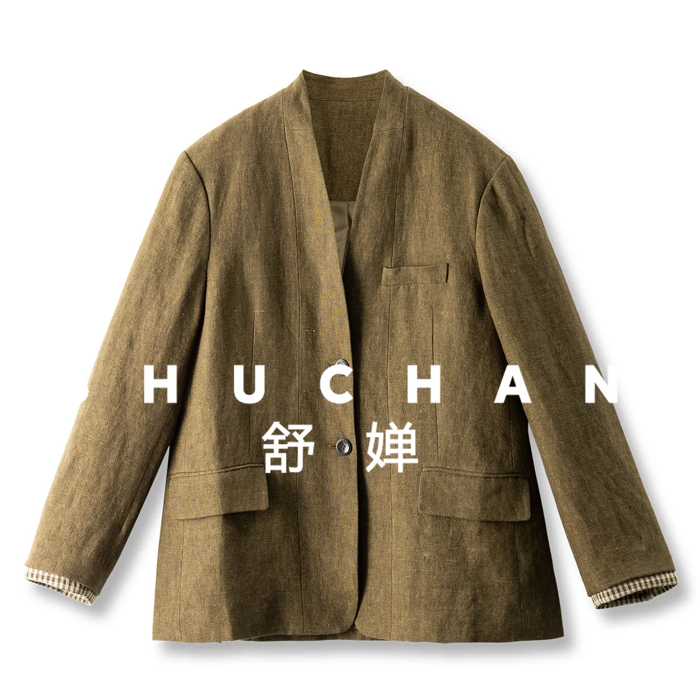 

2026 New Blazer Women Loose Tea Green Heavy Yarn-dyed Sand-washed Linen Checked Blazer Female 69I5