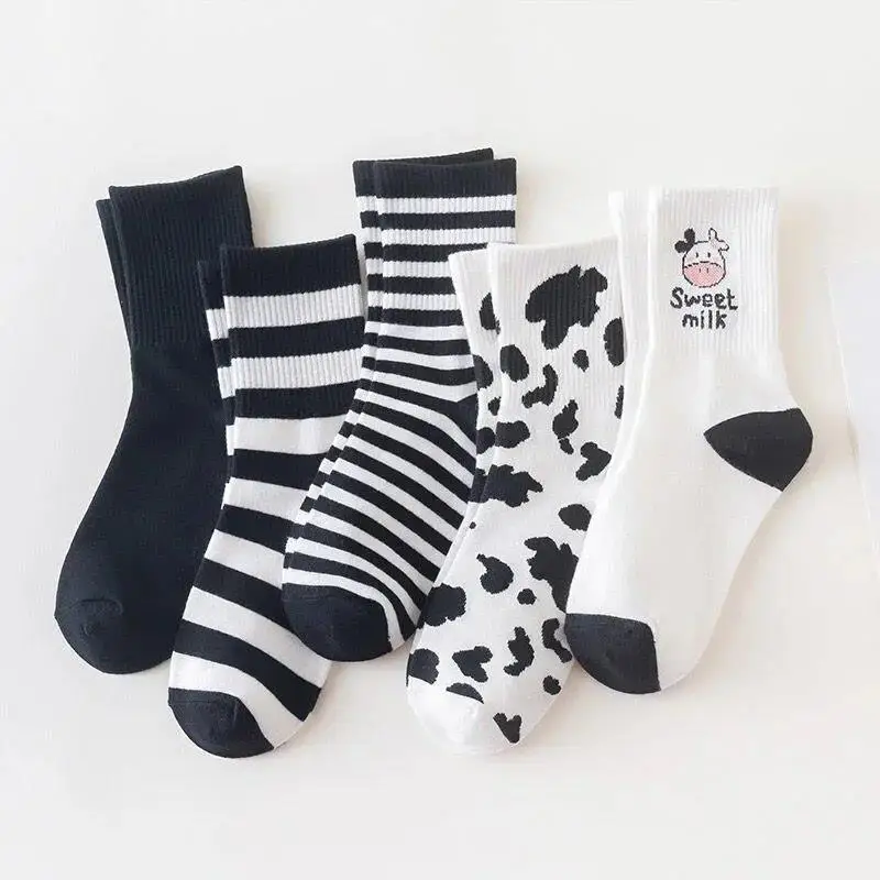 

Langmao Girls Women Mid-calf Socks Milk Cow Cartoon Color Spring Autumn Style Trendy All-match Socks Animal Pattern Cotton