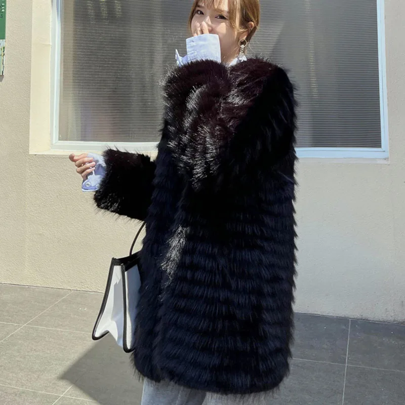 Imitação de pele de raposa casaco de pele de raposa feminina 2025 novo inverno casaco de pele grossa temperamento falso elegância preto feminino para casaco h458