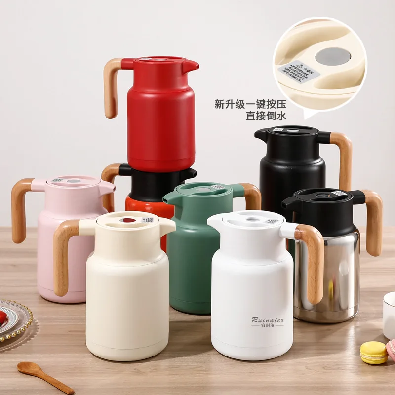 

Stainless Steel Thermos - Classic Design Hot Water Dispenser with Anti-Dust Lid & Ergonomic Wood Grip, Home/Camping Essentials