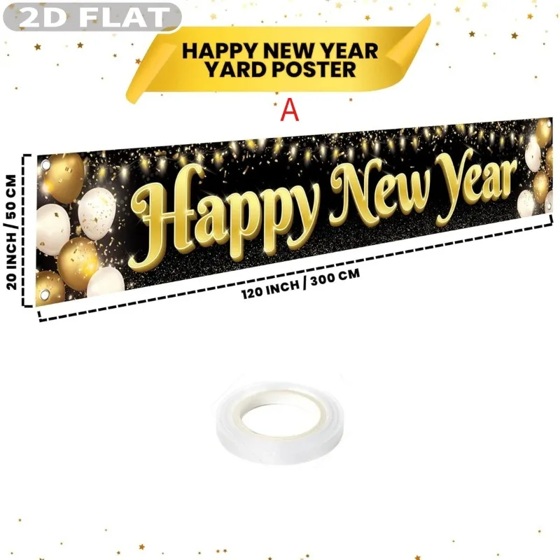 2D FLAT 1pc Happy New Year Party Photo Booth Props Banner 2026, Large - 120x20 Inch Polyester Happy New Year Yard Sign