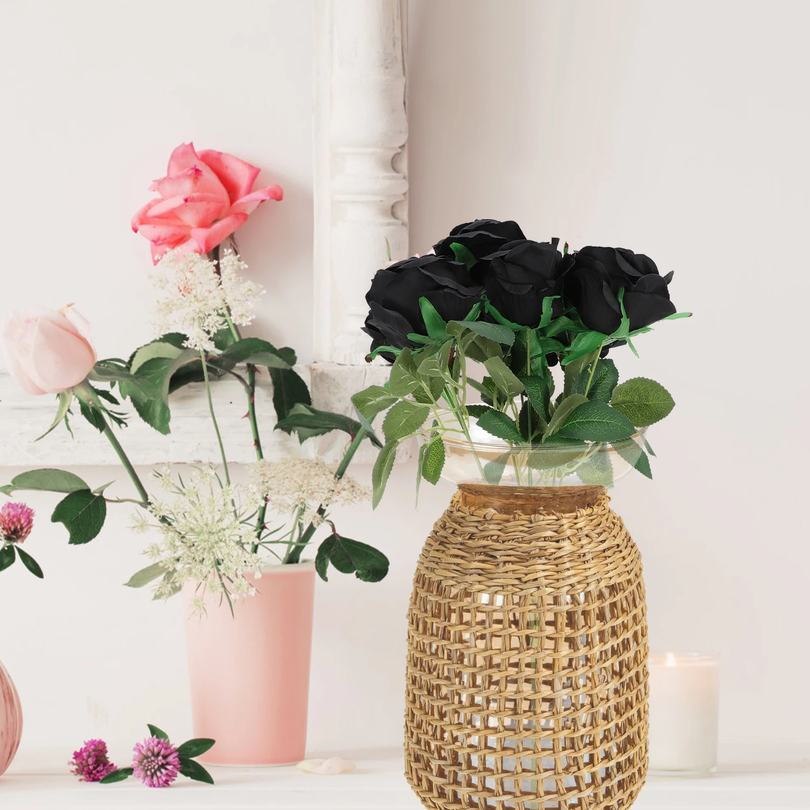 

Small Vase Decorative Glass Straw Rattan Bedroom Living Room Office Centerpiece Anti Skid Bottom Premium Material Practical