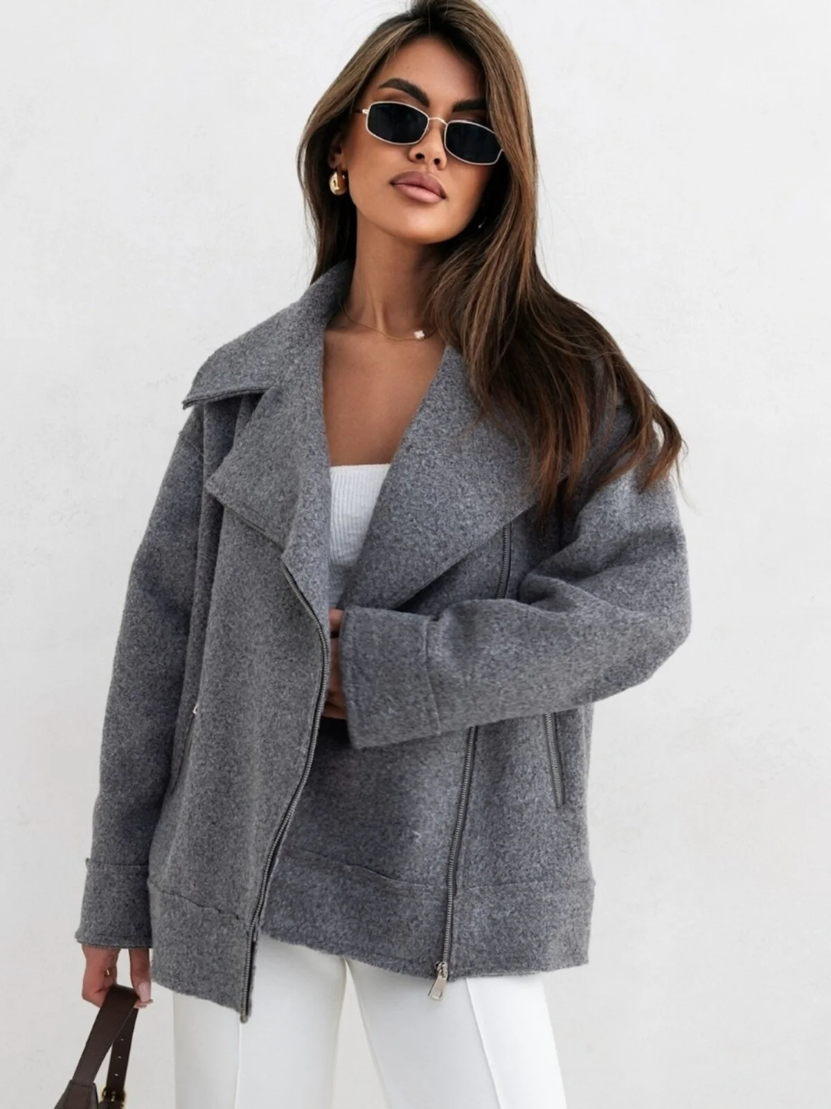 

Autumn Winter Street Sle Pure Color Zipper Casual Long Sve Suit Collar Woolen Coat Loose Fit ort Length Polyester