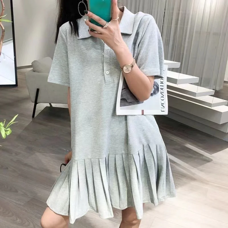 Korean Sle plus Size  Ne ort Sve T-irt Dr Women Loose Small Size Pleated Summer Dr Faionable Midi Dr