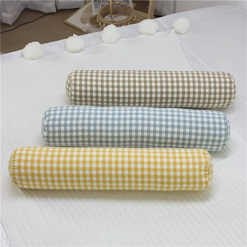 Cotton Cushion Pillow Cylinder Long Plaid Sleeping Pillow Pregnancy Pillow Removable Washable Back Head Cushion Bedroom Decor